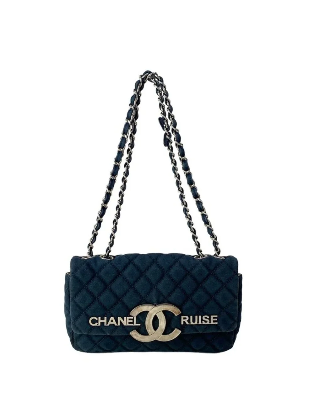 Chanel Shoulder Bag Quilted Cruise Line Dark Navy Chain Silver